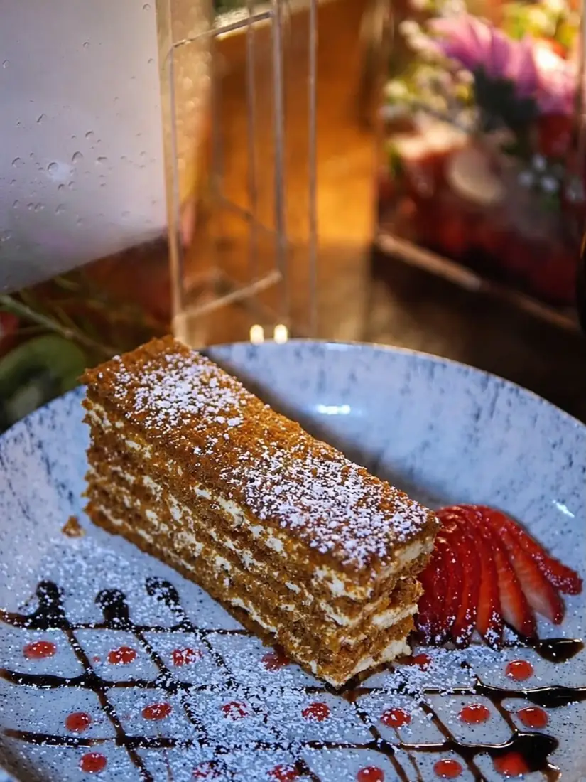 Honey cake dessert at O.S Smoke London lounge