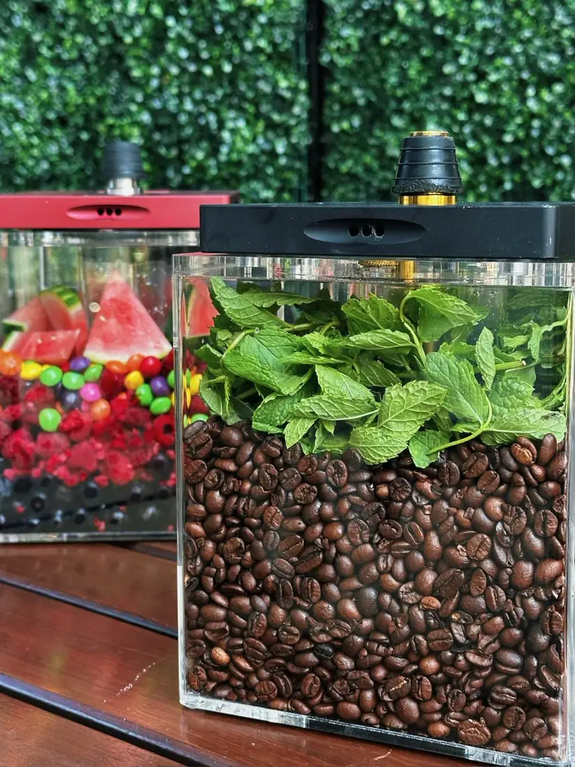 Square shisha with coffee beans and mint at O.S Smoke